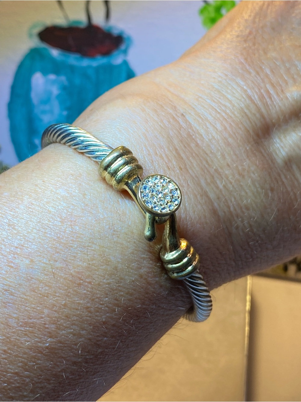 Vintage Two Tone Cable Rhinestone Hook Clasp Bangle Bracelet